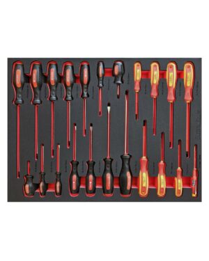 Verktygssats 275 delar är en välorganiserad samling skruvmejslar arrangerade i en skumorganisator, med ett urval av typer och storlekar med distinkta röda och gula handtag. Varje verktyg passar in i sitt spår, vilket framhäver deras ergonomiska greppdesign.