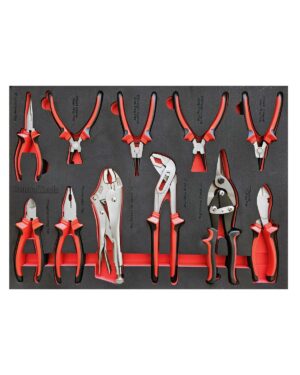Verktygssats 275 delar har en samling olika röda och svarta handverktyg, såsom tänger och fräsar, alla snyggt arrangerade i en skumbricka. Varje verktyg är inrymt i sitt eget fack och visar en rad olika typer och storlekar av tång.