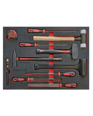Verktygssats 275 delar har en mångsidig samling handverktyg, såsom hammare, mejslar och ett måttband, alla vackert arrangerade i en svart skumorganisator med röda accenter. Varje verktyg är säkert placerat i sin egen avsedda plats, och framhäver handtagen med slående röda och svarta toner.