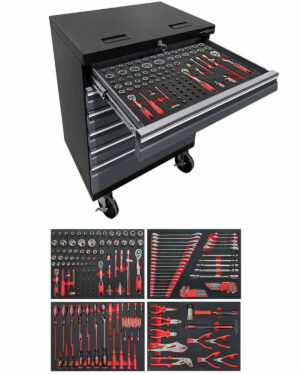 En grå Verktygsvagn med 6 lådor PRO, med en öppen låda som snyggt visar en uppsättning med 176 organiserade verktyg. Under den öppna lådan finns fem andra stängda lådor. Fyra ytterligare närbilder nedan belyser olika verktyg som skiftnycklar, skruvmejslar och tång, var och en arrangerad i organiserade fack.