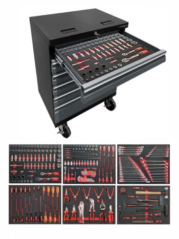 En grå Verktygsvagn med 6 lådor varav 1 står lätt öppen och visar upp en snyggt organiserad låda fylld med en mängd olika handverktyg från dess PRO + 275 delar verktygsset. Nedan visar sex mindre bilder det detaljerade arrangemanget av olika verktyg, inklusive skiftnycklar, tång, skruvmejslar och hylsor.