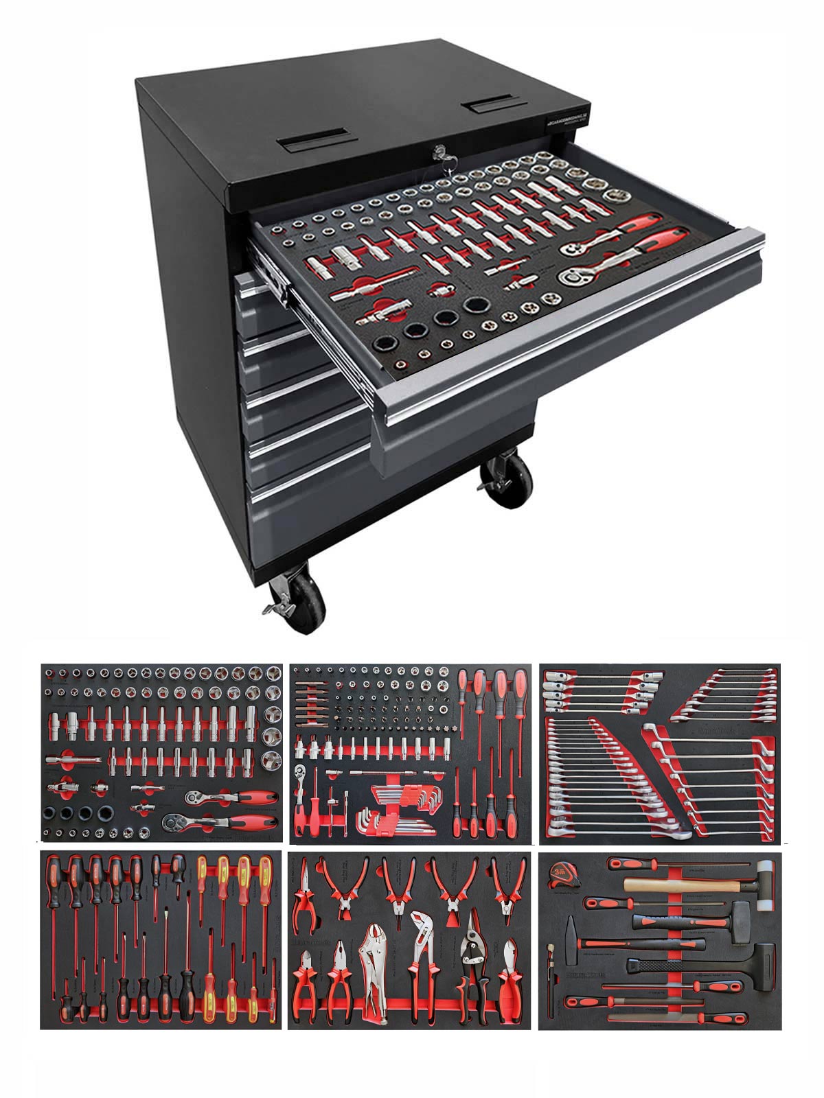 En grå Verktygsvagn med 6 lådor varav 1 står lätt öppen och visar upp en snyggt organiserad låda fylld med en mängd olika handverktyg från dess PRO + 275 delar verktygsset. Nedan visar sex mindre bilder det detaljerade arrangemanget av olika verktyg, inklusive skiftnycklar, tång, skruvmejslar och hylsor.