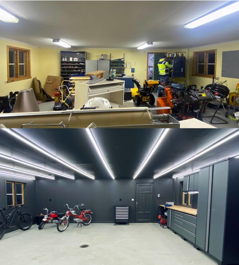 Två bilder kontrasterar en garagemakeover. Den översta bilden visar ett rörigt utrymme med utspridda föremål och diverse utrustning. Den nedre bilden visar ett snyggt organiserat, modernt förvaringsgarage med snygga skåp, cyklar och professionell belysning.
