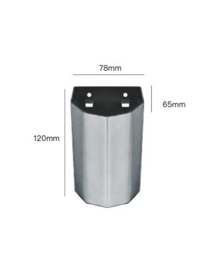 Pennhållare 120mm är ett väggfäste av metall, med dimensionerna 120mm på höjden, 78mm på bredden och 65mm på djupet. Den innehåller två hål i toppen för montering.