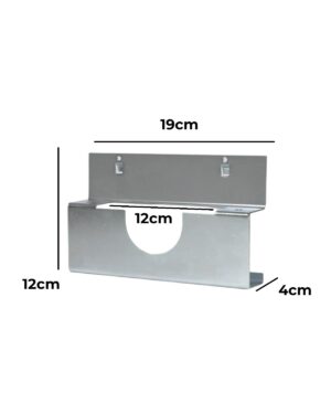 Vinkelslip / polermaskinhållare 190mm är ett väggfäste i metall med märkta mått. Bakplattan mäter 19 cm i bredd, medan fästet är 12 cm högt och sträcker sig 4 cm djupt. Den har ett centralt halvcirkelformat urtag med en bredd på 12 cm, och bakplattan har två skruvhål för montering.
