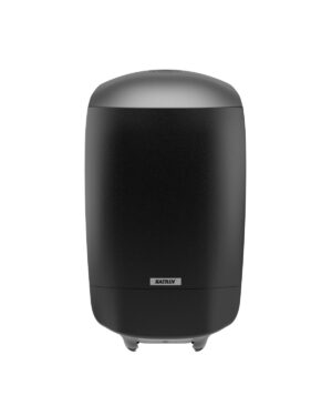 En elegant svart cylindrisk dispenser torkpapper svart KATRIN med en liten vit logotyp på framsidan, mot en vanlig vit bakgrund.