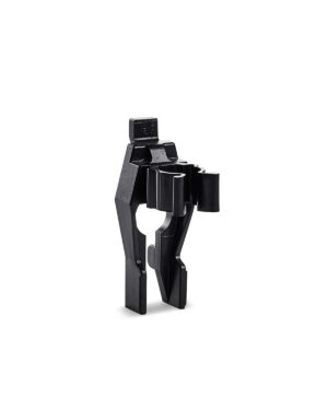 En svart, kantig Klämkrokar 12 mm bit från Raaco, designad för att fästas med flera anslutningspunkter och en blockig struktur, står vertikalt mot en vit, funktionslös bakgrund.