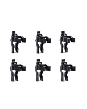 En uppsättning av sex Klämkrokar 24 mm Raaco-klämmor, med en kloliknande design, visas arrangerade i två rader om tre på en vit bakgrund, vilket tyder på att de används för att hålla eller säkra föremål.