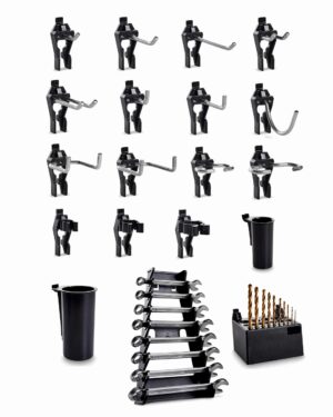 Kroksats 53 delar Raaco, med olika garagekrokar i svart, är organiserade i rader på en vit bakgrund. Setet innehåller J-krokar, U-krokar och verktygshållare.