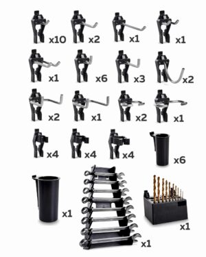 Kroksats 53 delar Raaco har ett sortiment av svarta verktygshållare i olika former och storlekar, tydligt märkta med siffror som anger kvantitet.