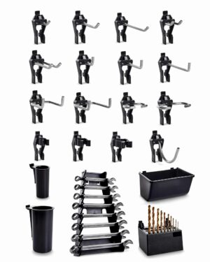 Bilden visar "Kroksats 84 delar Raaco", en blandad verktygsorganisationssats som innehåller svarta metallkrokar i olika storlekar och former.