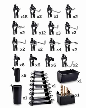 Kroksats 84 delar Raaco är ett heltäckande set som innehåller ett sortiment av svarta verktygskrokar och verktygshållare. Denna uppsättning innehåller flera mängder av olika typer, såsom raka krokar, böjda krokar, dubbla krokar och andra specialiserade krokar. Dessutom kommer den med verktygsbehållare, en skiftnyckelhållare och en borrhållare.