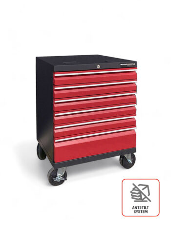 Verktygsvagn med 6 lådor Anti-Tilt Protection verktygslåda i rött har sex lådor och en elegant svart topp. Dess stabilitet förbättras av PRO Anti-Tilt Protection och indikeras av en speciell ikon för säker användning på hjul.