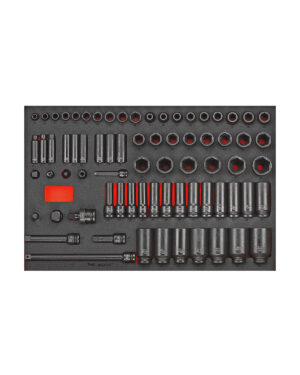 Ett snyggt organiserat 73-delat hylsnyckelset med 3/8'' och 1/2'' drivningar av Teng Tools TTEISK73, presenterat i en svart skumbricka accentuerad med rött.