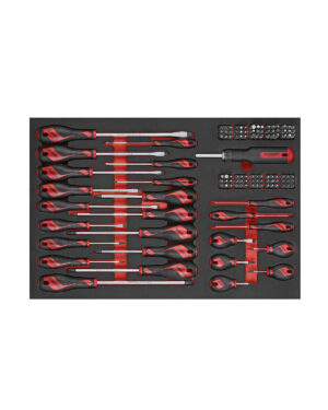 En snyggt arrangerad 122 delars Skruvmejsel/bits sats Teng Tools TTEMD122N, med olika skruvmejslar och bits med röda och svarta handtag, utlagda i en skumorganisator.