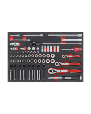 Upptäck Teng Tools TTESK77, ett verktygsset i 76 delar med en snyggt arrangerad samling av diverse skiftnycklar, hylsor och handverktyg i en skumorganisator. Detta omfattande set innehåller spärrar, förlängningar och olika uttagsstorlekar, alla med primärt röda och metalliska ytor. Den är perfekt för både mekanisk och gör-det-själv användning.