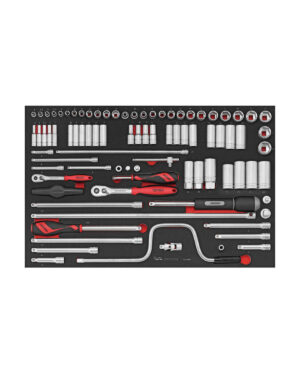 En organiserad 86-delad socket set, Teng Tools TTESK86, kommer i ett svart skumfodral och har ett sortiment av handverktyg som spärrar, hylsor, förlängningar och skiftnycklar. Verktygen är snyggt ordnade i rader med en kombination av röda och silverfärgade metallfinish.