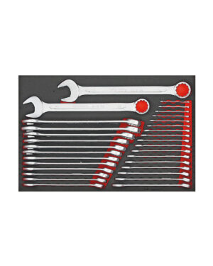 En organiserad visning av 31 delars U-ringnyckelsats Teng Tools TTESP31 ställs mot en svart bakgrund. Två stora skiftnycklar med röda cirkulära handtag är placerade horisontellt upptill, medan undertill är mindre skiftnycklar anordnade diagonalt i omväxlande röd och krom finish.