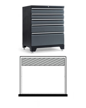 En Teng Tools TEXW05 svart verktygslåda har fem horisontella lådor, med en illustration nedan som visar dess öppna interiör för att markera det tillgängliga förvaringsutrymmet. De jämnt staplade lådorna åtföljs av ett diagram som visar ett tomt fack med streck.