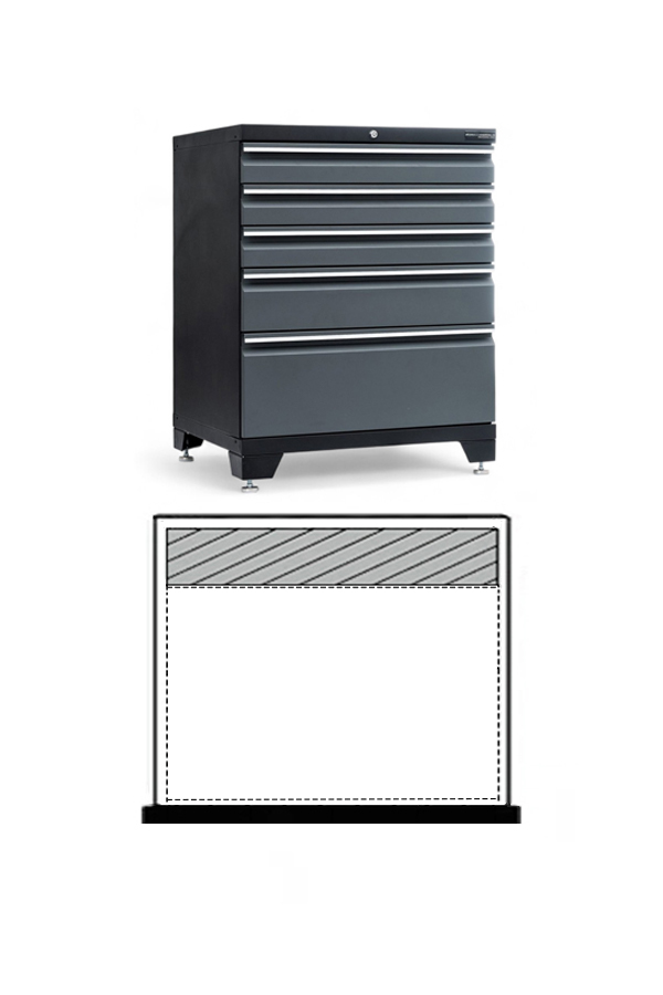 En Teng Tools TEXW05 svart verktygslåda har fem horisontella lådor, med en illustration nedan som visar dess öppna interiör för att markera det tillgängliga förvaringsutrymmet. De jämnt staplade lådorna åtföljs av ett diagram som visar ett tomt fack med streck.