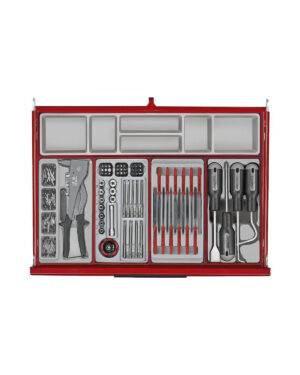Verktygsvagn 7 lådor + 628 delar verktyg TengTools TKW26R628T är en snyggt organiserad röd verktygssats med skruvmejslar, en hylssats, skiftnycklar och diverse skruvar och bits.