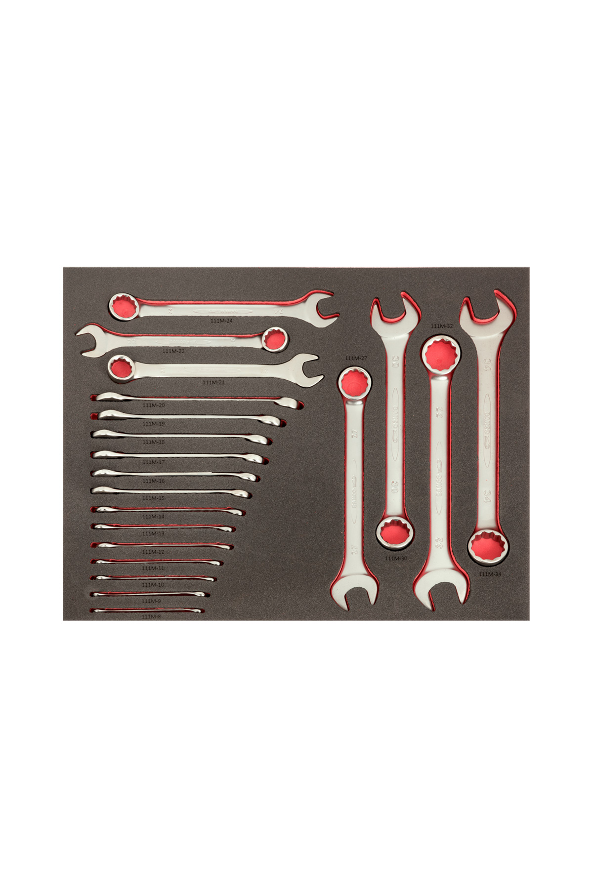 Verktygsvagn E87 13 lådor svart + 560 delar verktyg, BAHCO har en uppsättning silverfinished skiftnycklar, både med öppna ändar och kombinationstyper, arrangerade på en mörk skumskiva med röda konturer som framhäver slitsarna.