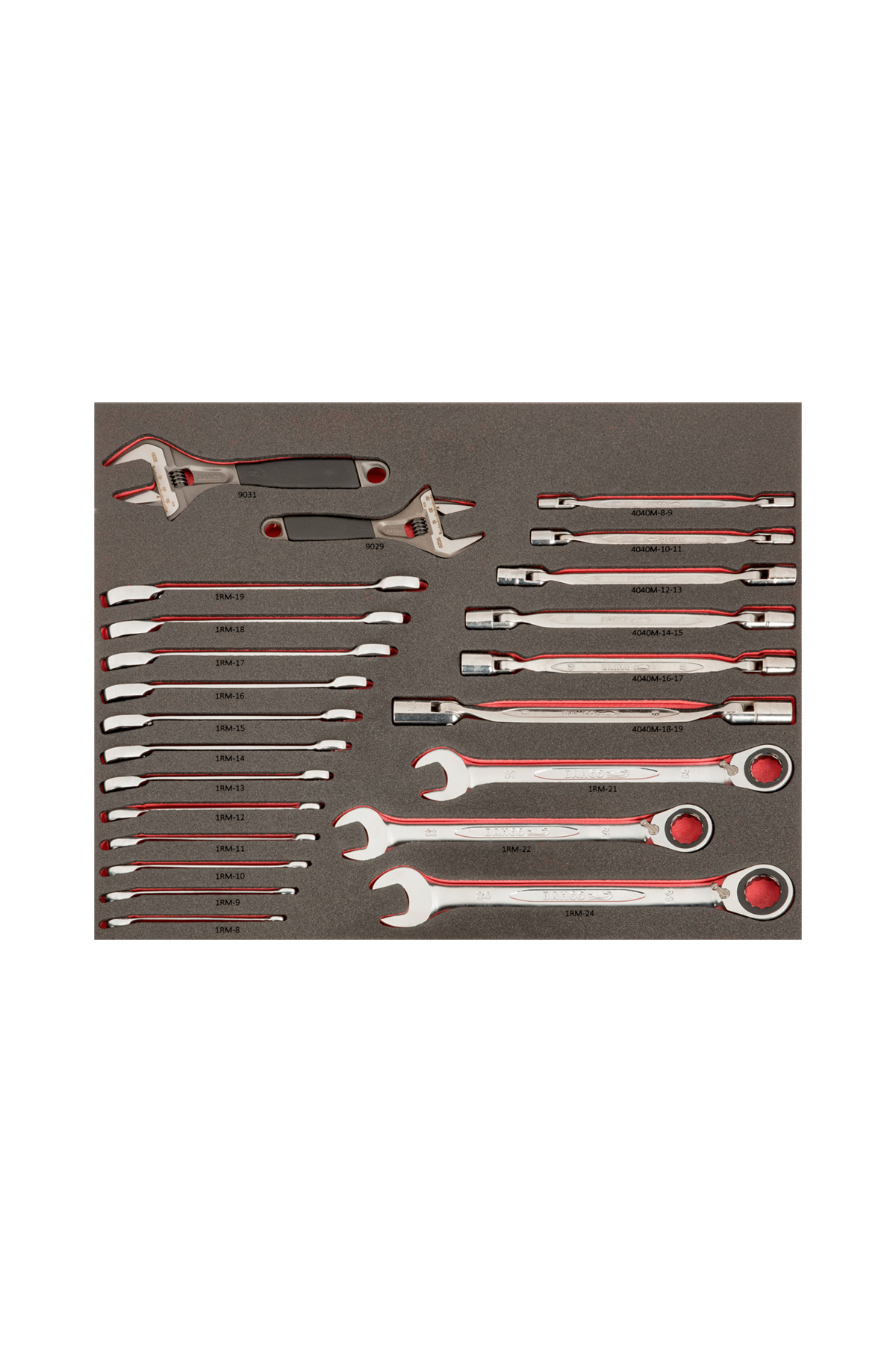 Verktygsvagn E87-setet från BAHCO är en svart verktygsuppläggare med 560 delar, med skuminsatser för snyggt arrangerade, röda och svarta detaljerade öppningsnycklar och spärrnycklar till höger och tång till vänster.