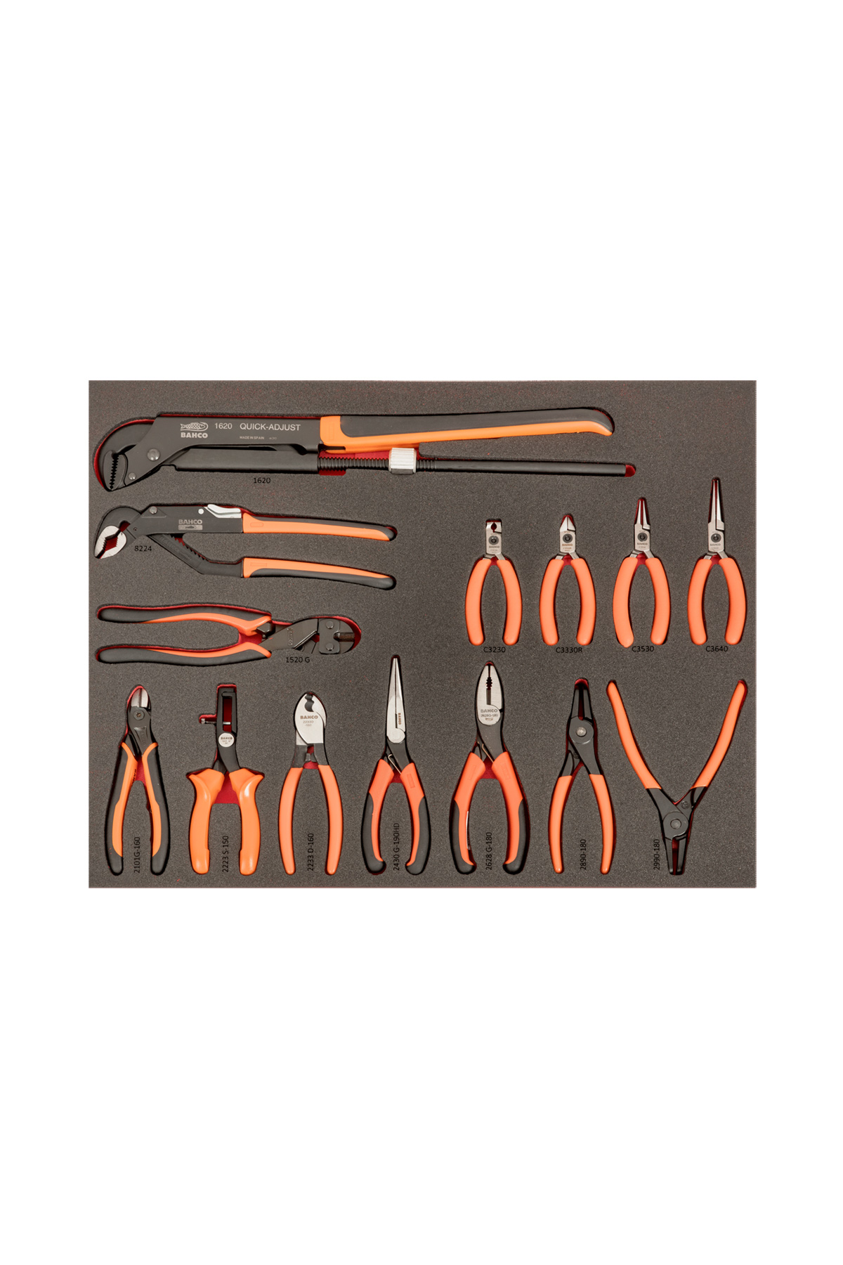 Verktygsvagn E87 från BAHCO är en uppsättning orange och svarta handverktyg, inklusive tänger, fräsar och en lång justerbar skiftnyckel, organiserade i en skuminsats.