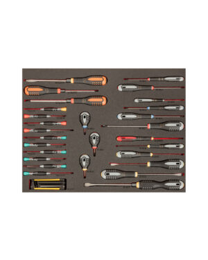 En Verktygsvagn E87, med 13 svarta lådor och 560 BAHCO-verktyg, arrangerade i ett ordnat rutmönster på en grå yta.