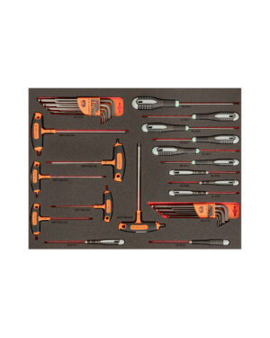 Verktygsvagn E87-setet innehåller ett sortiment av insex- och Torx-nycklar snyggt organiserade på en skumbricka med orange och svarta greppvänliga handtag, perfekt för precisionsarbete. Setet, med 560 verktyg, visas på en vit bakgrund.