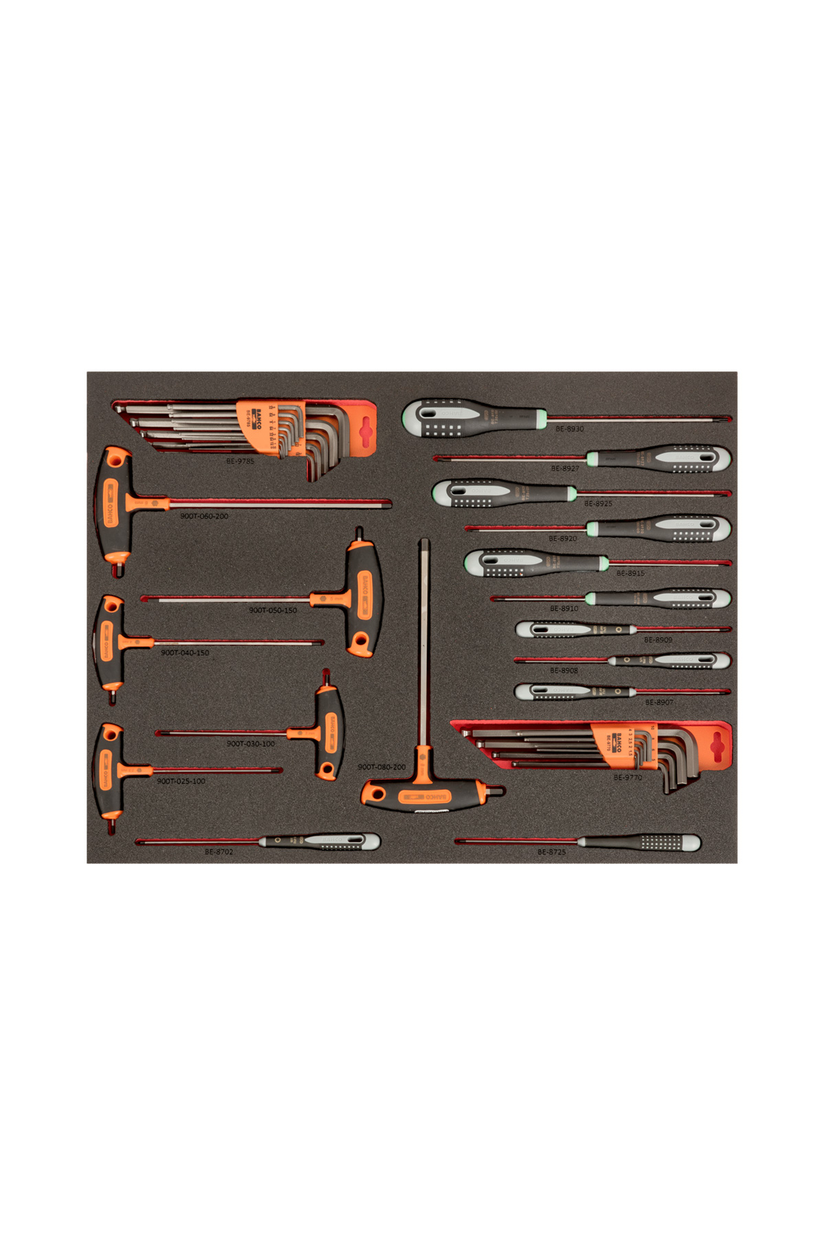 Verktygsvagn E87-setet innehåller ett sortiment av insex- och Torx-nycklar snyggt organiserade på en skumbricka med orange och svarta greppvänliga handtag, perfekt för precisionsarbete. Setet, med 560 verktyg, visas på en vit bakgrund.