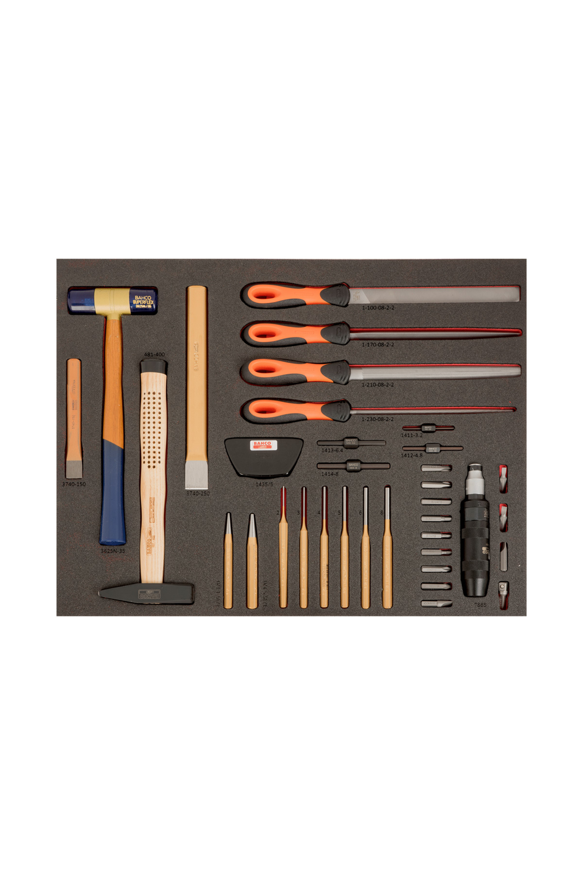 Verktygsvagn E87 från BAHCO har en serie av 560 handverktyg, organiserade på en skumbricka i snygga rader. Den innehåller hammare, filar, skruvmejslar, mejslar och mer, med trä- och gummihandtag.