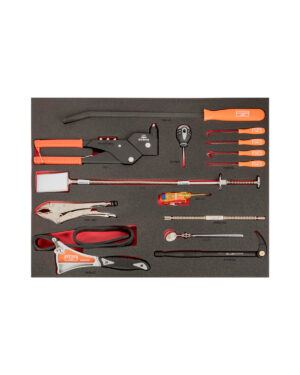 Ett snyggt organiserat Verktygsvagn E87 verktygsset med 560 delar från BAHCO i skum, med tång, skruvmejslar, skiftnyckel med mera; allt förvarat i specifika platser med handtag i rött, orange och svart.