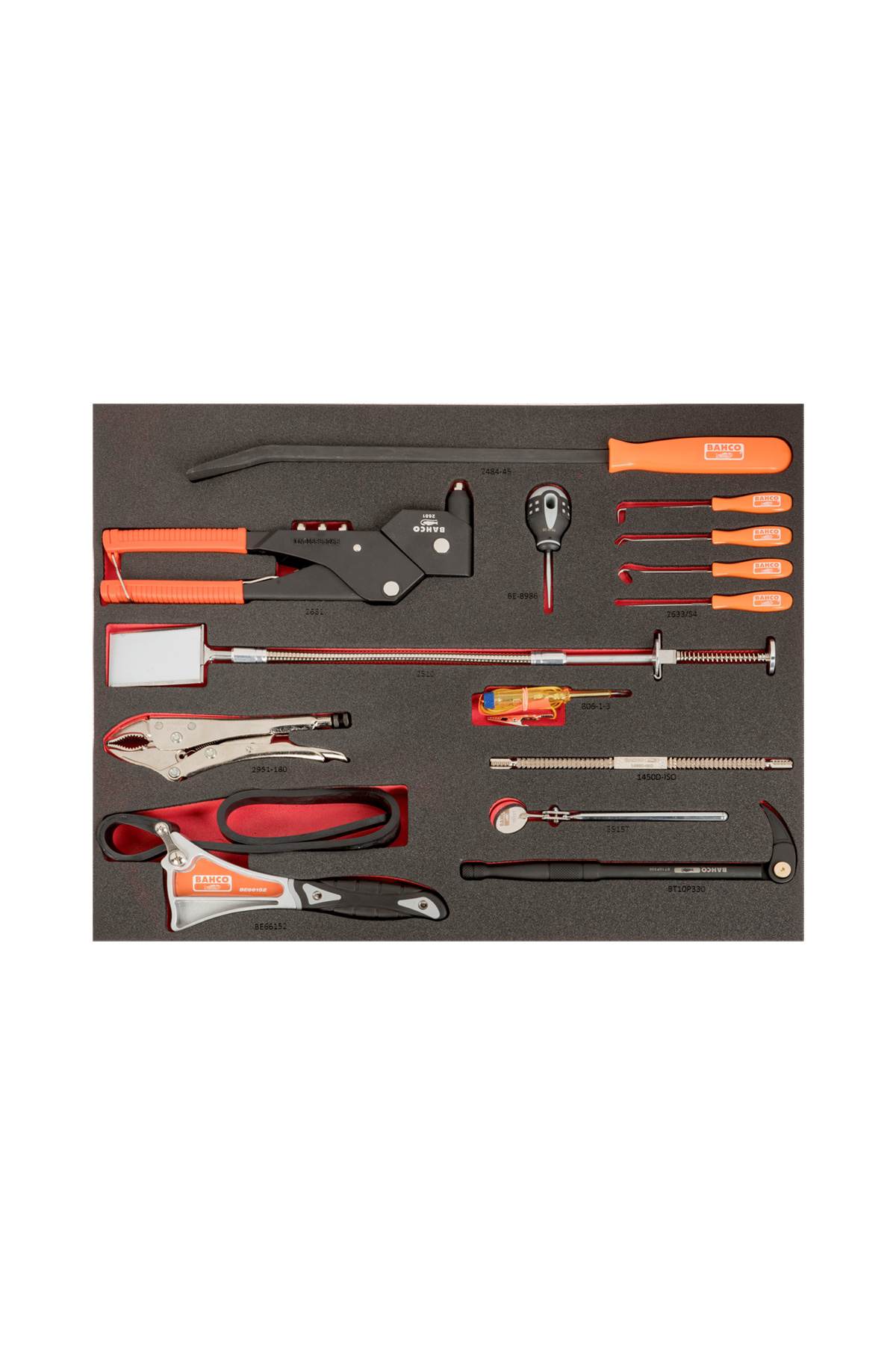 Ett snyggt organiserat Verktygsvagn E87 verktygsset med 560 delar från BAHCO i skum, med tång, skruvmejslar, skiftnyckel med mera; allt förvarat i specifika platser med handtag i rött, orange och svart.