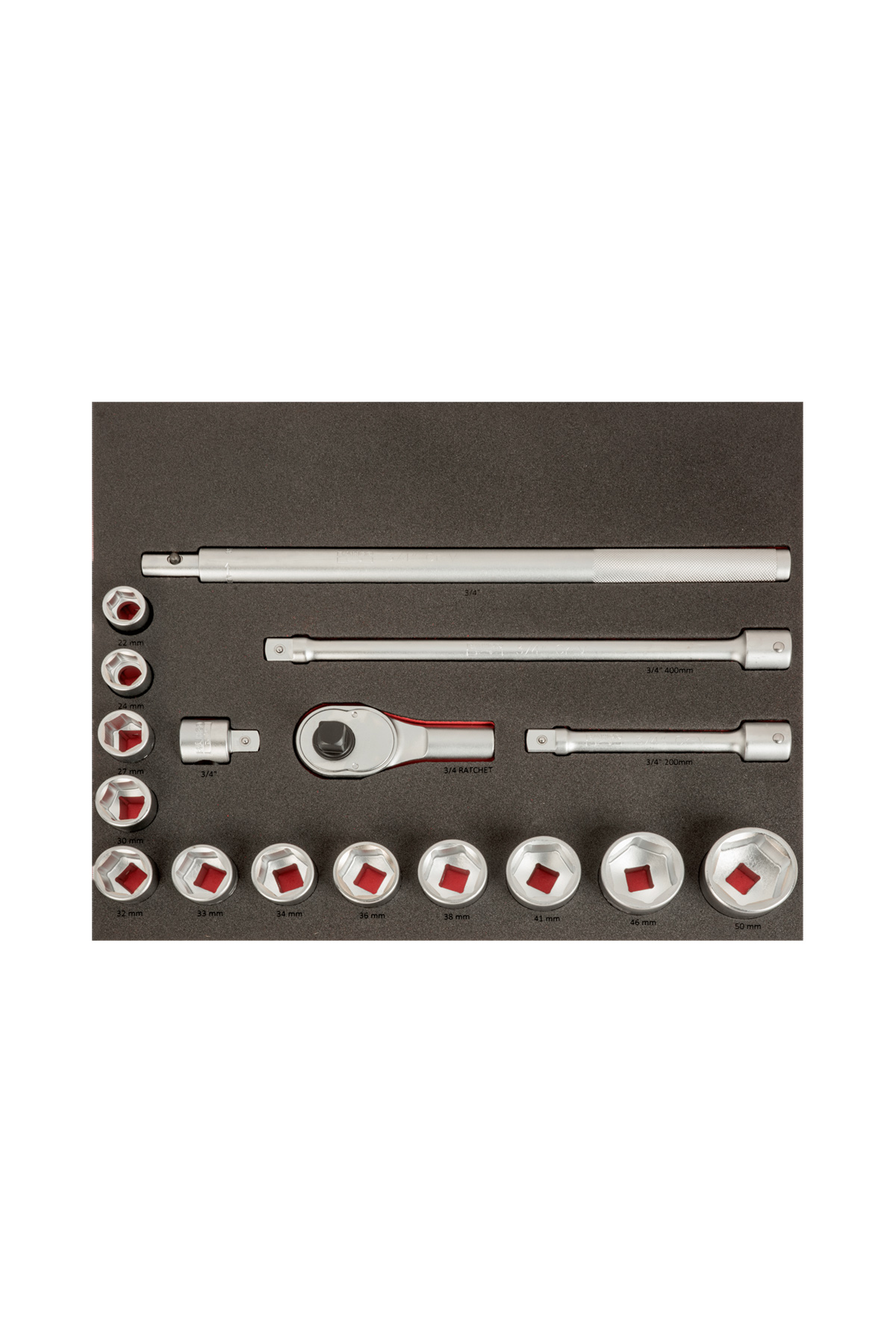 Verktygsvagn E87 erbjuder ett omfattande set med 560 delar inklusive olika uttagsstorlekar, ett spärrhandtag och förlängningsstänger, allt organiserat på svart skum. Varje verktyg är exakt märkt för enkel identifiering.