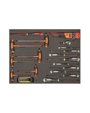 Verktygsvagn E72 har en snyggt arrangerad skumorganisator med 346 BAHCO-verktyg, inklusive L-skiftnycklar, skruvmejslar och multi-bits-drivrutiner. Varje verktyg har ett färgkodat handtag för enkel identifiering i en kompakt och organiserad layout.