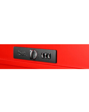 Närbild på Verktygsvagn 7 lådor TengTools TSW26R7 verktygslåda i rött, med ett svart kombinationslås med 