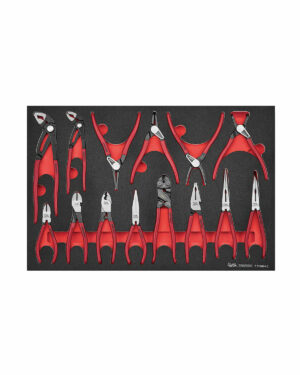 14 delar Tångsats Teng Tools TTEMB14Q har en samling tång med röda handtag och skärverktyg organiserade på en svart skumskiva. Det här setet innehåller olika storlekar och former som tång och trådskärare, och erbjuder ett väl avrundat sortiment för olika uppgifter.