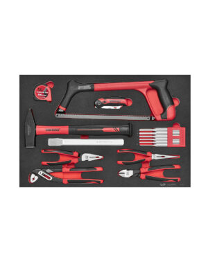 15 delars Verktygssats Teng Tools TTEPS15 är en uppsättning röda och svarta handverktyg organiserade i skum, bestående av bågfil, måttband, vikkniv, hammare, tång, skruvmejslar och filar. Varje verktyg är snyggt arrangerat för enkel åtkomst.