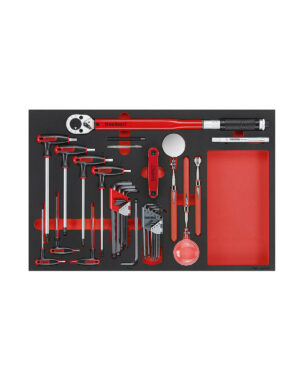 Vi presenterar 17-delars Verktygssats Teng Tools TTEX17, en noggrant arrangerad verktygssats inrymd i en skumbricka. Den innehåller en rad skiftnycklar, skruvmejslar, spärrar och insexnycklar. Varje verktyg har en röd och silverdesign och är exakt inpassad i dess avsedda plats för optimal organisation.