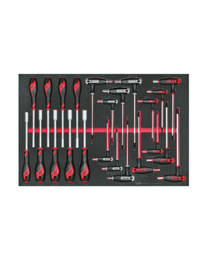 En snyggt organiserad uppsättning skruvmejslar och T-handtag från Teng Tools TTEX23N-kollektion, med svart och röd design på en svart skumbricka. De 23 delarna är ordnade i rader och visar olika storlekar och typer, med slående röda accenter på handtagen.