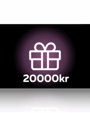 Ett svart presentkort med ett lila sken och en vit presentförpackningsikon, med texten 