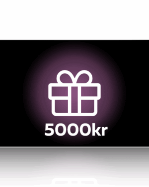 En presentkortsdesign som visar en vit presentförpackningsikon mot en svart bakgrund accentuerad med ett lila sken, med texten 