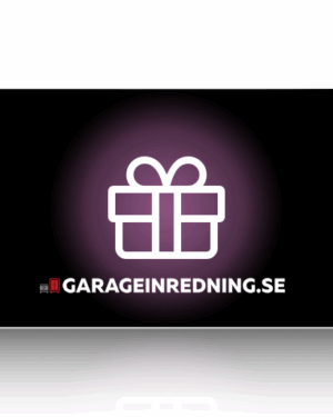 Ett digitalt presentkort från GARAGEINREDNING.SE har en svart design med en lysande rosa presentförpackningsikon i mitten och "GARAGEINREDNING.SE" skrivet i vit text nedan.