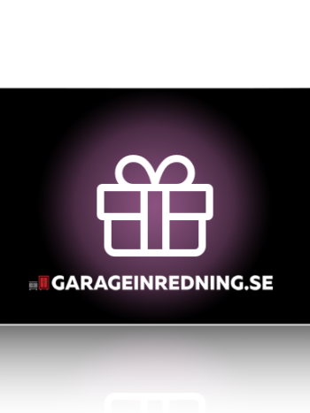 Ett digitalt presentkort från GARAGEINREDNING.SE har en svart design med en lysande rosa presentförpackningsikon i mitten och "GARAGEINREDNING.SE" skrivet i vit text nedan.