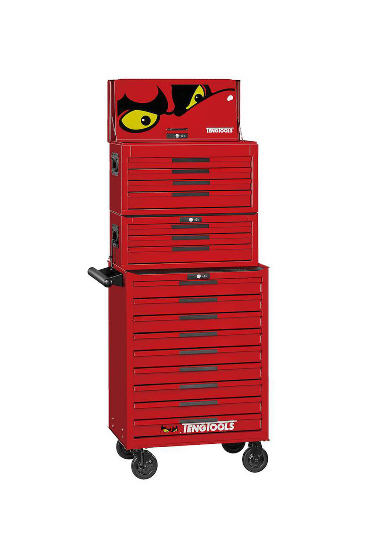 Verktygsvagn 16 lådor + 1033 delar verktyg TengTools TKS26R1033T är en röd byrå- och skåpkombination med flera lådor, en övre sektion med gula och svarta ögongrafik, och kommer med hjul och ett svart sidohandtag.