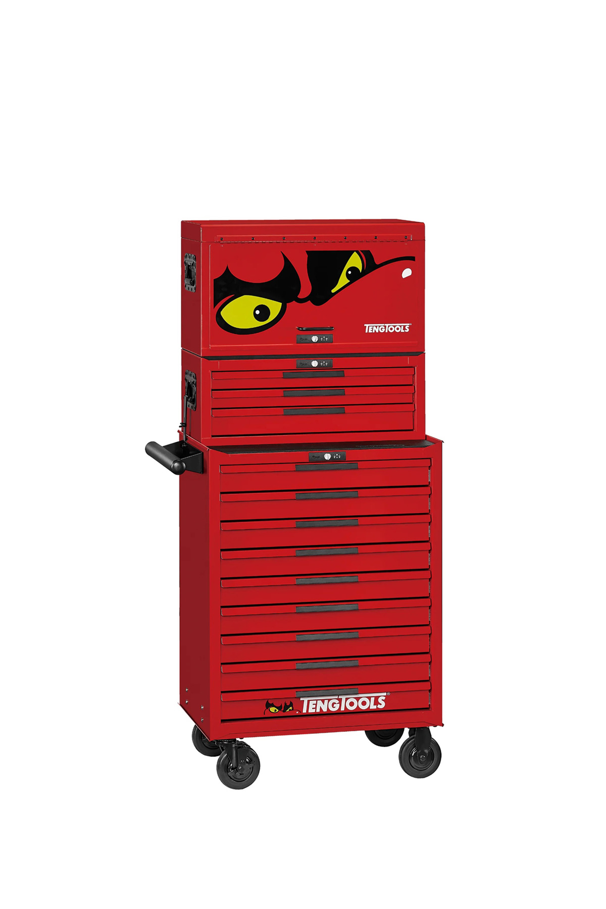 En röd Teng Tools verktygslåda på hjul med flera lådor, ett handtag och en arga ögon-grafik. Produkt: Verktygsvagn 16 lådor + 1033 delar verktyg TengTools TKS26R1033T.