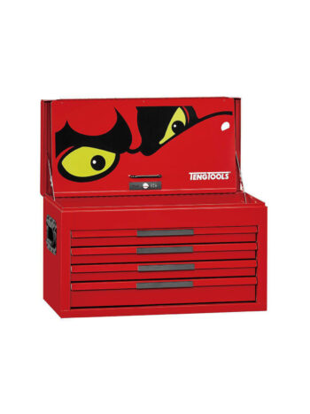Röd Verktygslåda toplåda TST26R4 med fyra lådor och lock med illustration av häftiga ögon. "Teng Tools" varumärke tryckt på framsidan.