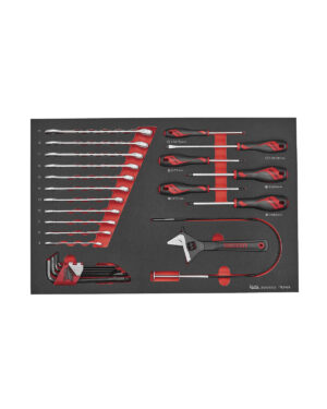28 delars Verktygssats Teng Tools TTESP28 är en snyggt organiserad handverktygssats på en svart skumbricka med skruvmejslar, skiftnycklar, tång och insexnycklar. Varje verktyg har sin egen utsedda plats med ett rött och svart färgschema.