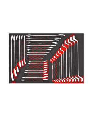 37 delars Nyckelsats Teng Tools TTESP37 är en snyggt arrangerad uppsättning skiftnycklar i olika storlekar på en grå skumbricka, med både öppen- och lådstilar med röda accenter, organiserade i rader.